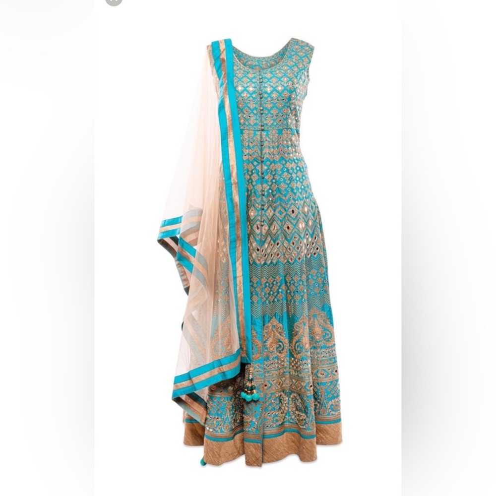 Turquoise and Gold Anarkali Sharara